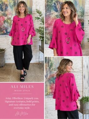 Ali Miles Pink Polka Dot Tunic Bell Sleeve Artsy Boutique Top XL